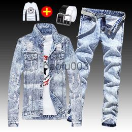 Men's Tracksuits 4 Pcs Set Hip Hop New Spring Autumn Men's Denim Jacket Holes Single Breasted Coat Jeans Pants with Shirt Belt J230803