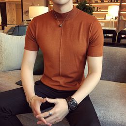 Men's Sweaters 7 Colours Half High Collar Men T-shirt Spring Short Sleeve Solid Colour Sweater Pullover T Shirt Slim Knitted Tees Top 230803