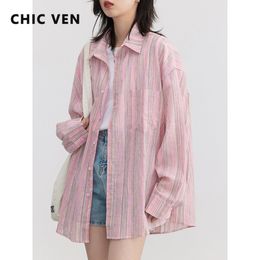 Women's Blouses Shirts CHIC VEN Fashion Women Shirt Loose Striped Pink Linen Blouses for Woman Long Sleeve Female Top Sunscreen Coat Summer 230802