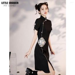 Ethnic Clothing Women Qipao Black Modified China-Chic Cheongsam Summer 2023 Chinese Small Young Girl Fried Street Dress Slim Fit