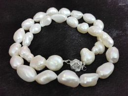 Chains Women Jewelry 10-11mm White Baroque Pearl Necklace Real Natural Freshwater Cultured Flower Clasp 17''