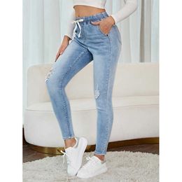 purple brand Women's high waist rubber band drawstring Slim-fit pants washed Baby blue Women's street trendy ripped denim jeans for women