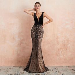 Party Dresses 2023 Formal Black Gold Evening Sexy Deep V-neck Backless Floor Length Mermaid Elegant Prom Occasion Dress Gowns