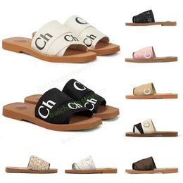 designer Woody sandals womens Mules flat slides Light tan beige white black pink lace Lettering Fabric canvas slippers for women summer outdoor shoes b4