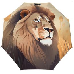 Umbrellas Lion 3 Fold Auto Umbrella Vector Flat Animals Black Coat UV Protection Portable For Men Women