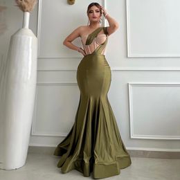 Sage One Shoulder Mermaid Evening Dresses Beaded Sweetheart Illusion Prom Gown Exposed Boning Satin Formal Wear 326 326