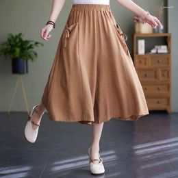 Women's Pants Girls Retro High Waist Loose Large Size Cotton Linen Fabric Wide Leg Women Summer Skirt Casual Pleated Capris 5xl