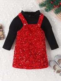 Girl Dresses Cute Toddler Christmas Outfit Long Sleeve Ribbed Top And Sequin Suspender Skirt Set For Fall - 2 Piece Clothing