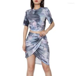 Women's T Shirts Tie-Dyed Printing 2pcs Style Printed Short Top Sexy Slim Fit Skirt Set For Women Ladies Outfit Summer Wear Blue/Grey Shirt