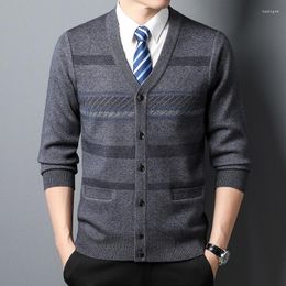Men's Sweaters Autumn Cardigan Striped Plaid Fashion Business Casual Knitted Sweater Warm V-neck Pocket