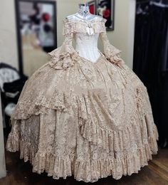 Abiti da sera vintage in pizzo vittoriano a campana maniche lunghe con spalle scoperte corsetto gotico trambusto costume champagne abiti da ballo