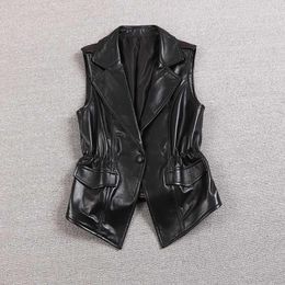 Women's Leather Vest Spring 2023 Loose Irregular Turndown Collar Solid Fashion Short Waistcoats Elastic Waist Split Gilet Femme Q273