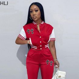 Women's Two Piece Pants HLJ Fashion Patchwork Colour Baseball Uniform Tracksuits Women Button Long Sleeve Coat Skinny Sets 2023 Outfits