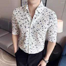 Men's Casual Shirts Plus Size 4XL Sexy Lace Short Sleeve Men Floral Shirt Streetwear See-through Flower Print V-Neck Slim Fit Camisas De