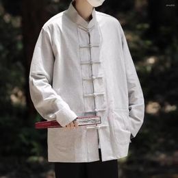 Men's Jackets Chinoiserie Retro Button Linen Jacket Traditional Chinese Costume Tai Chi Loose Long Sleeve Coat