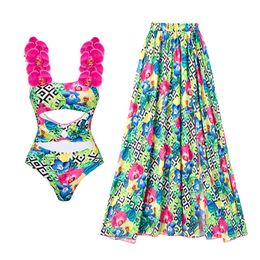 Women's Swimwear 2023 Women 2PC Coverup Swimsuit Ruffle Solid Printed Deep V Onepiece Monokini Kimono Bikini Suit Summer Beachwear 230802