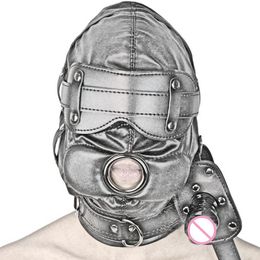 Bondage Leather Sensory Deprivation Hood with Dildo Mouth Gag BDSM Bondage Fetish Slave Hood Eye Mask Sex Toys for Women Adult Games 230803