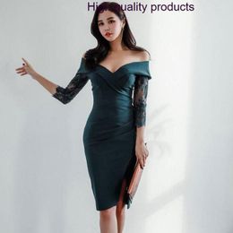 Casual Dresses Sexy Summer Party Korean Style Women'S 2023 Lace Patchwork One-Line Neckline Plain Colour Long Dress Z471