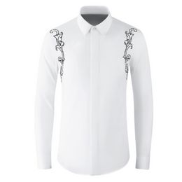 Minglu Cotton Men's Shirts Luxury Royal Embroidery Long Sleeve Covered Button Business Casual Slim Fit Party Man Dress Shirts