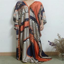 Ethnic Clothing Bohemian Printed Summer Silk Kaftan Maxi Dress Oversize V-neck Beach Robe Match Scarf African Dresses For Women245Y