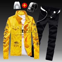 Men's Tracksuits Men's Denim Jacket Jeans Pants Letters Printing Long Coat Trousers 3 Pcs Set Casual Single Breasted Man Clothes Spring Autumn J230803