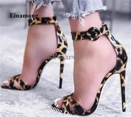 Sandals Linamong Leopard Patent Leather Thin Heel Open Toe Straps Cross Stiletto Ankle Buckles Party Heels Club Pumps