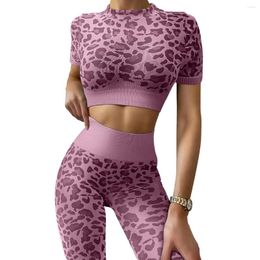 Active Sets Fashion Yoga Set Leopard Print Short-sleeved Suit For Women Workout Gym Wear Fitness Sports Clothes Suits Hip-lifting Cloth