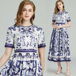 Summer 2023 Paisley Print MIDI Couturier Short Sleeve Delicate elegant holiday Loose swing vintage toga Ladies crew-neck slim A-line party dress