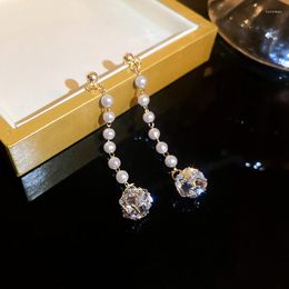 Dangle Earrings Fashion Fine 14K Real Gold Plated Pearl Zircon Ball Drop For Women Girl Jewelry S925 Silver Needle Gift