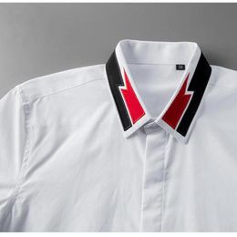 Minglu Short Sleeve Mens Shirts Luxury Lightning Embroidery Solid Color Male Shirts High Quality Slim Casual Mens Dress Shirt