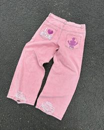 Women's Jeans Retro Y2K Jeans Harajuku Pink Skull Embroidery Baggy Jeans Black Pants Men's Punk Rock Hip Hop Gothic Wide Leg Jeans 230802