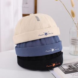 Berets Japanese Men Women Skullcap Sailor Cap Embroidery Warm Rolled Cuff Bucket Brimless Hat Solid Colour Adjustable Cotton Hats