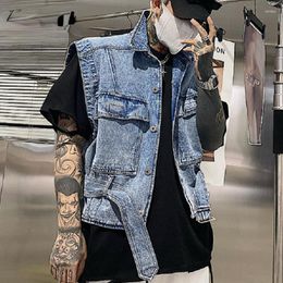 Men's Vests Spring Autumn Cargo Pocket Denim Fashion Personality Handsome High Street Tide Chic Slim Jackets