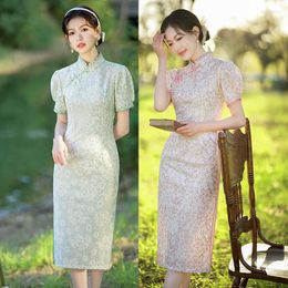 Ethnic Clothing Chinese Sexy Mandarin Collar Short Sleeve Chiffon Cheongsam Women Dress Handmade Buttons Lace Qipao