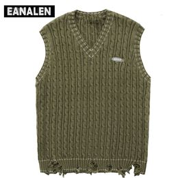 Men's Vests Harajuku solid Colour hole jumper sweater vest women's y2k retro Korean oversized knitted grandpa ugly sleeveless sweater men's 230802