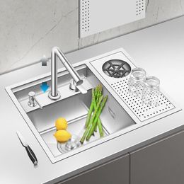 New Hidden 304 Stainless Steel Handmade Brushed Sink High Pressure Cup Washer Bar Counter kitchen Sink With Lifting Faucet