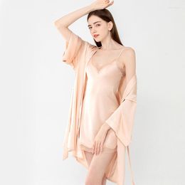 Women's Sleepwear Imitation Silk Bathrobe Stitching Home Solid Nightgown Lace Nightshirt Satin Cardigan Suit Nightdress