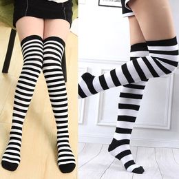 Women Socks Thigh High Over The Knee For Girl Black White Striped Hosiery Long Cotton Stockings Kawaii Knitted