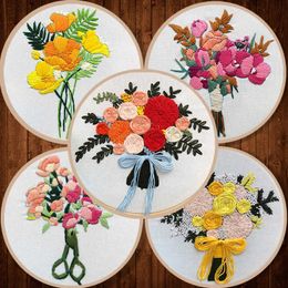 Chinese Style Products Embroidery Set Bouquet Flowers Plants Printed Fabric Needlework Tools Beginner Embroidered Round Cross Stitch Sewing Craft