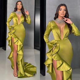 Grüne mermaid elegante abendsperlen halsband illusion v hals formelle party prom kleider geteilte rote teppich lange kleider für besondere ocn es