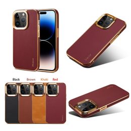 Luxury Genuine Leather Vogue Phone Case for iPhone 14 13 12 Pro Max Durable Slim Business Full Protective Soft Bumper Plating Solid Colour Retro Back Cover Shockproof