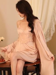 Women's Sleepwear Women French Lace Sexy Princess Silk Pajamas Suits Spring Summer Feminine Robe Backless Nightdress Two-piece Homewear