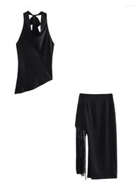 Work Dresses Summer Asymmetric Black Top And Tassel Spliced Midi Skirts Matching Sets