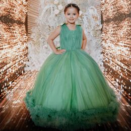Green Bow Tie Beaded Flower Girls Dresses Ruffles Tiered Princess Kinds Birthday Party Dress Puffy Skirt Holy First Communion Gown