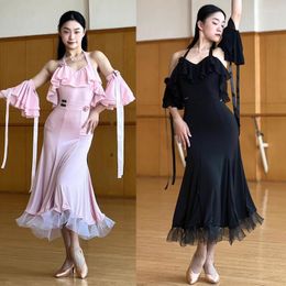 Stage Wear Ballroom Dance Dress Women Pink Black Ruffled Tops Skirt Modern Waltz Performance Costume Prom Social BL11208