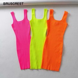 Basic Casual Dresses Summer Pink Neon Green Dress Women Ribbed Fluorescence Knit Bodycon Dress Tank Beach Casual Mini Dress Short Sundress 230802