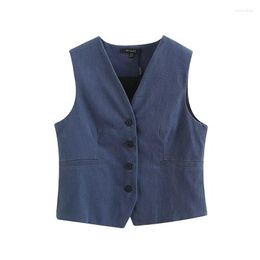 Women's Vests Casual Linen Vest Summer Lightweigh Short Top Denim Blue Single Breasted V Neck For Daily Wear Female Clothing Waistcoat