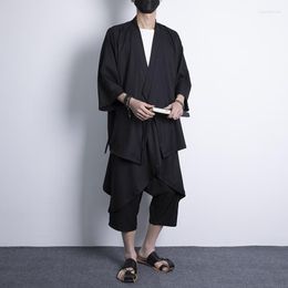 Ethnic Clothing Two-Piece Suit Oversize M-5XL Japanese Fashion Kimono And Pants Set Men Cardigan Blouse Haori Asian Clothes Samurai