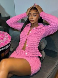 Two Piece Dress Fall Outfits Spring Streetwear Y2K Pink Dress 2 Two Piece Sets Women Skirt Long Sleeve Buttons TopMini Skirts Suits Sets 230802