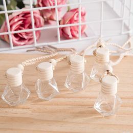 Rhombic Essential Oils Diffusers Car Pendant Perfume Bottle Glass Ornaments Empty Bottles Round Wooden Lid Air Freshener TR0021